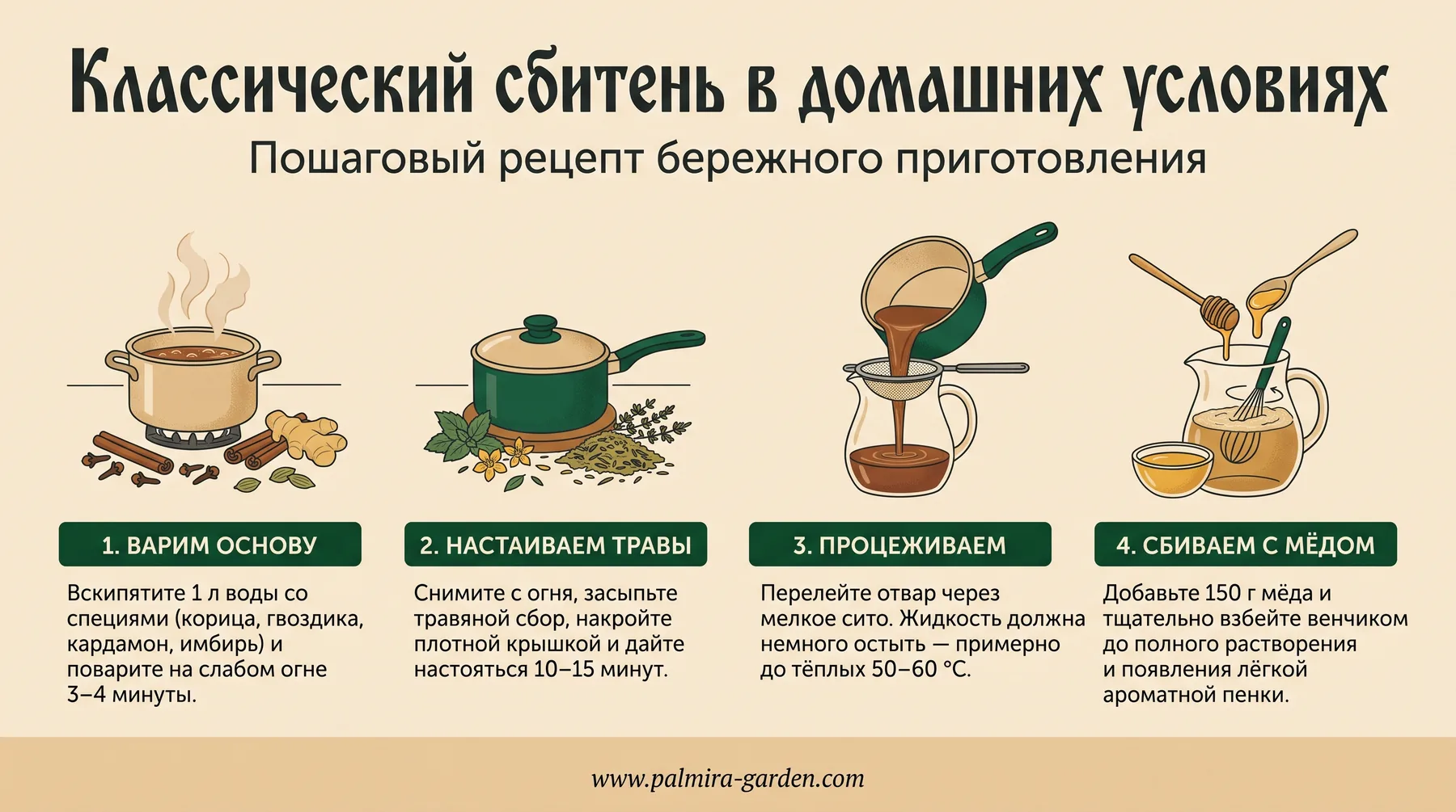 Инфографика: пошаговый рецепт приготовления классического сбитня в 4 шага
